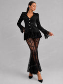 Elegant Lace Trim Blazer Top & Flared Lace Pants Two-Piece Set