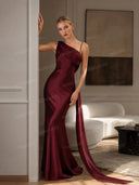 Elegant Satin Asymmetric One Shoulder Maxi Dress