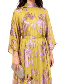 Elegant High Neck Flocked Floral Tie-Waist Kaftan Dress