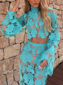 Elegant Turquoise Shell Lace Two-Piece Set