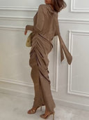 Elegant Asymmetric Sleeve Ruched Satin Maxi Dress