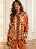 Retro Paisley Print Long Sleeve Shirt & Pants Two-Piece Set