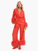Elegant Feather Trim Jacquard Wrap Blouse & Pants Two-Piece Set