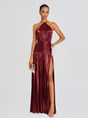 Elegant Metallic Pleated Halter Neck Maxi Dress