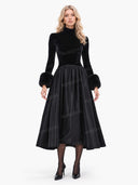 Elegant Velvet High-Neck Faux Fur Cuff Midi Dress
