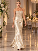 Elegant Floral Lace Strapless Satin Maxi Dress