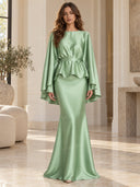 Satin Cape Sleeve Peplum Mermaid Maxi Dress Set