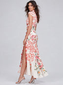 Elegant Floral Print Mandarin Collar Cheongsam Maxi Dress
