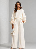 Elegant Floral Long-Sleeve Top and Wide-Leg Pants Two-Piece Set