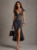 Sexy Lace Waist-Ruched Midi Dress