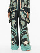 Elegant Abstract Print Satin Shirt & Wide Leg Pants Set