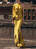Elegant Cape Sleeve Satin Maxi Dress