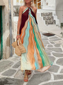 Bohemian Colorblock Stripe Halter Maxi Dress
