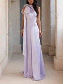 Elegant Bow Shoulder Satin A-Line Maxi Dress
