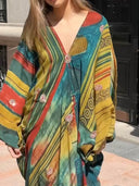 Retro Abstract Print V-Neck Balloon Sleeve Maxi Dress