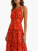 Elegant Halter Neck Abstract Print Tiered Maxi Dress