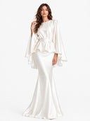 Satin Cape Sleeve Peplum Mermaid Maxi Dress Set