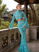 Elegant Turquoise Shell Lace Two-Piece Set