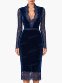 Elegant Velvet Fitted V-Neck Lace Midi Dress