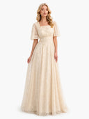 Elegant Square Neck Sheer Tulle Floral Embroidered Maxi Dress