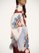 Retro Print Satin Feather Trim Top & Wide-Leg Pants Two-Piece Set