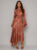 Elegant Paisley Print Flare Sleeve Asymmetric Maxi Dress