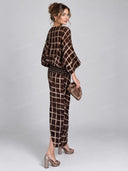 Casual Abstract Plaid Print Kimono Sleeve Maxi Dress