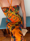 Printed Halter Ruched Tassel Dress