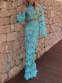 Elegant Turquoise Shell Lace Two-Piece Set