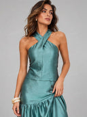 Elegant Halter Top & Drop Waist Maxi Skirt Two Piece Set