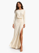 Casual Crew Neck Pleated Slit Maxi Dress