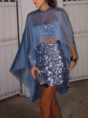 Elegant tulle shawl sequined two-piece set
