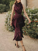 Elegant Satin High-Neck Top & Layered Ruffle Midi Skirt Set