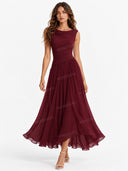 Elegant Pleated Skirt Waist Ruched Midi Dress