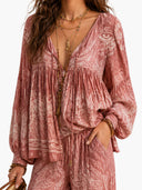 Bohemian Paisley Print Balloon Sleeve Blouse & Pants Two-Piece Set