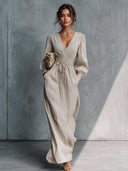 Casual Ruched V-Neck Waist-Tie Maxi Dress