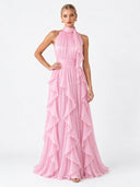 Elegant Backless Ruched Tiered Ruffle Maxi Dress