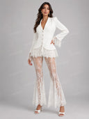 Elegant Lace Trim Blazer Top & Flared Lace Pants Two-Piece Set