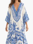 Refined Porcelain Print V-Neck Kaftan Maxi Dress