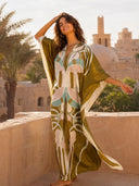 Elegant Floral Print Batwing Sleeve Satin Kaftan Maxi Dress