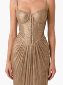 Elegant Pleated Metallic Tie-Waist Party Slit Gown Maxi Dress