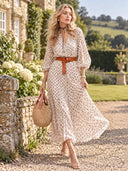 Unique Pattern Print V-Neck Simple Belt Midi Dress