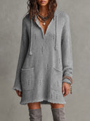 Casual Open-Knit Hooded Long Sleeve Mini Dress
