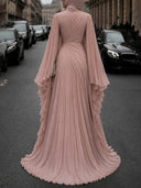 Elegant Pleated High-Neck Cape Sleeve Chiffon Maxi Dress