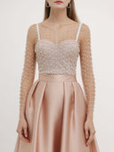 Elegant Pearl Mesh Top & Satin Midi Skirt Set