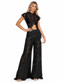 Lace Long-sleeved Top And Wide-leg Pants Set（Headscarf Not Included）