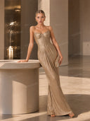Elegant Pleated Metallic Tie-Waist Party Slit Gown Maxi Dress