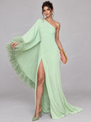 Elegant Feather Trim One Shoulder Slit Maxi Dress