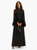 Elegant Feather-Trim Batwing Sleeve Maxi Dress