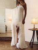 Elegant Pearl Halter Feather Trim Backless Maxi Dress